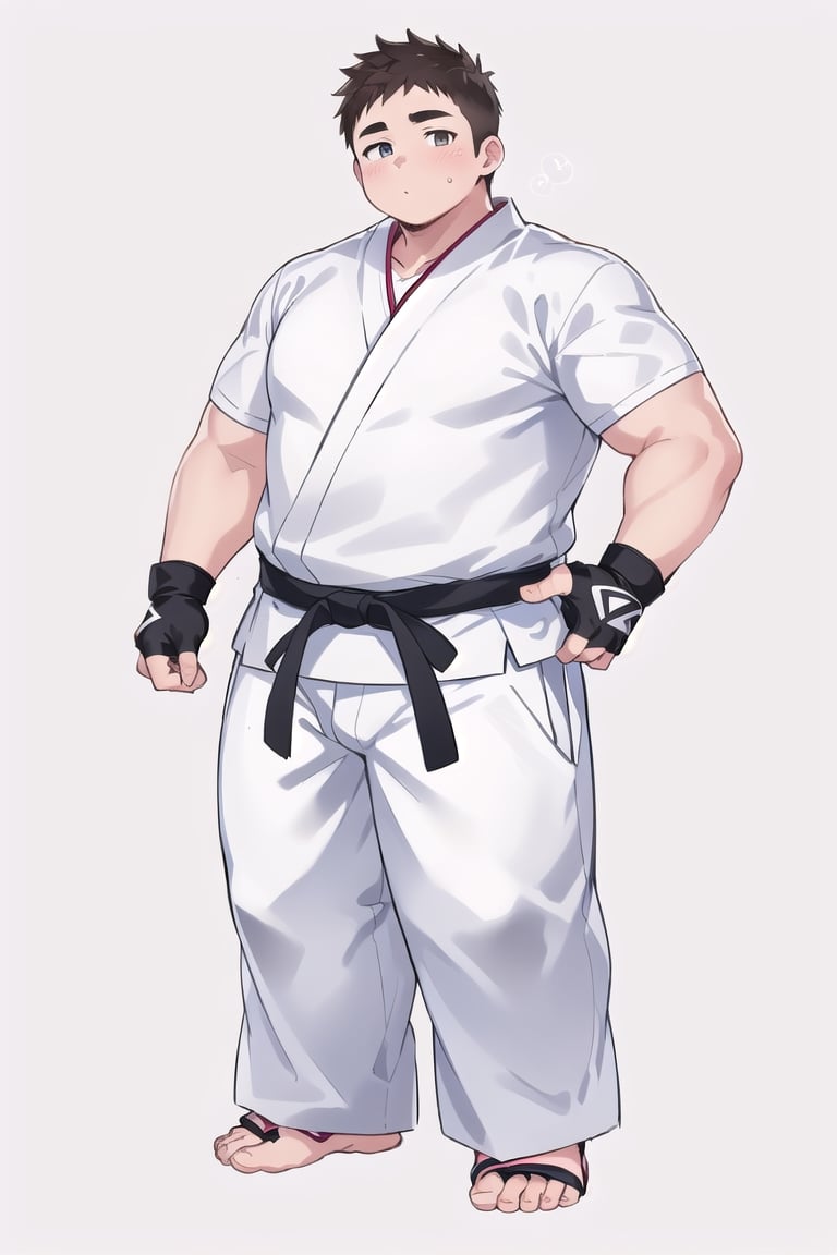 ((1boy_only, (solo), feet in white foot protectors, foot wraps)), (chubby:1.5, stocky:1.2, round_face), ((white judo gi)), ((dougi)), barefoot, ((long pants)), (bara:1.3), (buzz_cut:0.5), full body shot, ((cool, cute, awesome)), (fingerless gloves, ankle braces), (front_view), (chubby_face:0.8),male focus, standing_idle,ankle braces,best quality
