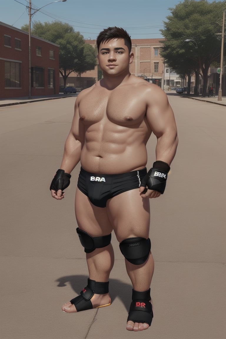 ((1boy_only, boxer, (solo), black foot protectors, foot wraps)), (chubby:1.5, stocky:1.2, round_face, black ankle braces, topless), ((trunks_short)), barefoot, (bara:1.7), buzz_cut, full body shot, ((cool, cute, awesome)), (fingerless gloves), (front_view), (chubby_face:0.8),Male focus, standing_idle,ankle brace,foot protector,best quality,toeless footwear,photorealistic,realistic