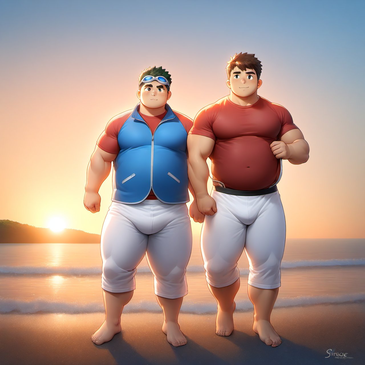 2boys, (1boy, red t-shirt, chubby, bara, stocky, long white pants, barefoot), (1boy, blue vest, swimming trunk, chubby, bara, stocky, goggles, barefoot), intimate, seaside, sky, sun, male focus, ((anime, best quality, best aesthetic, high res)),masterpiece