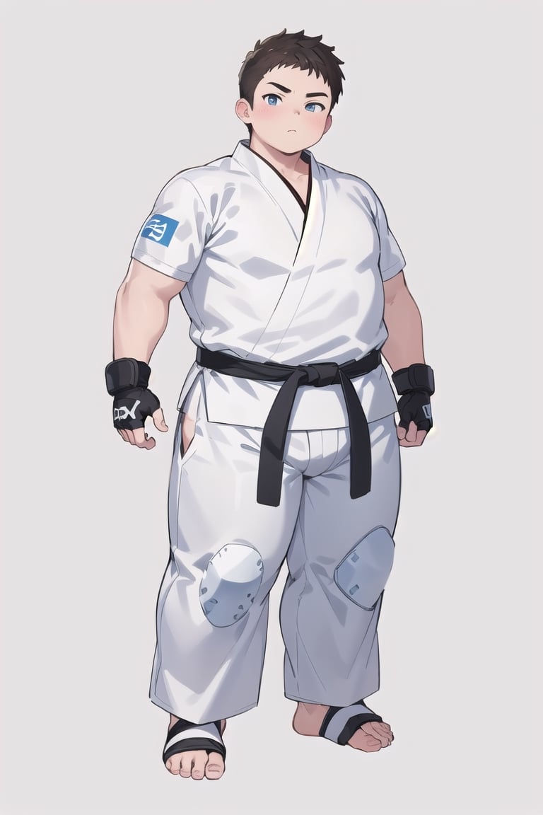 ((1boy_only, feet in foot protectors, solo)), (chubby:1.0, bara stocky:1.3, round_face, serious look), ((white judo gi)), ((dougi)), ((long pants)), (buzz_cut:0.75), full body shot, ((cool, cute, awesome)), (fingerless gloves, (white foot protectors, foot wrap)), (front_view), (chubby_face:0.8),male focus, standing_idle,best quality, masterpiece,ankle brace,foot protector