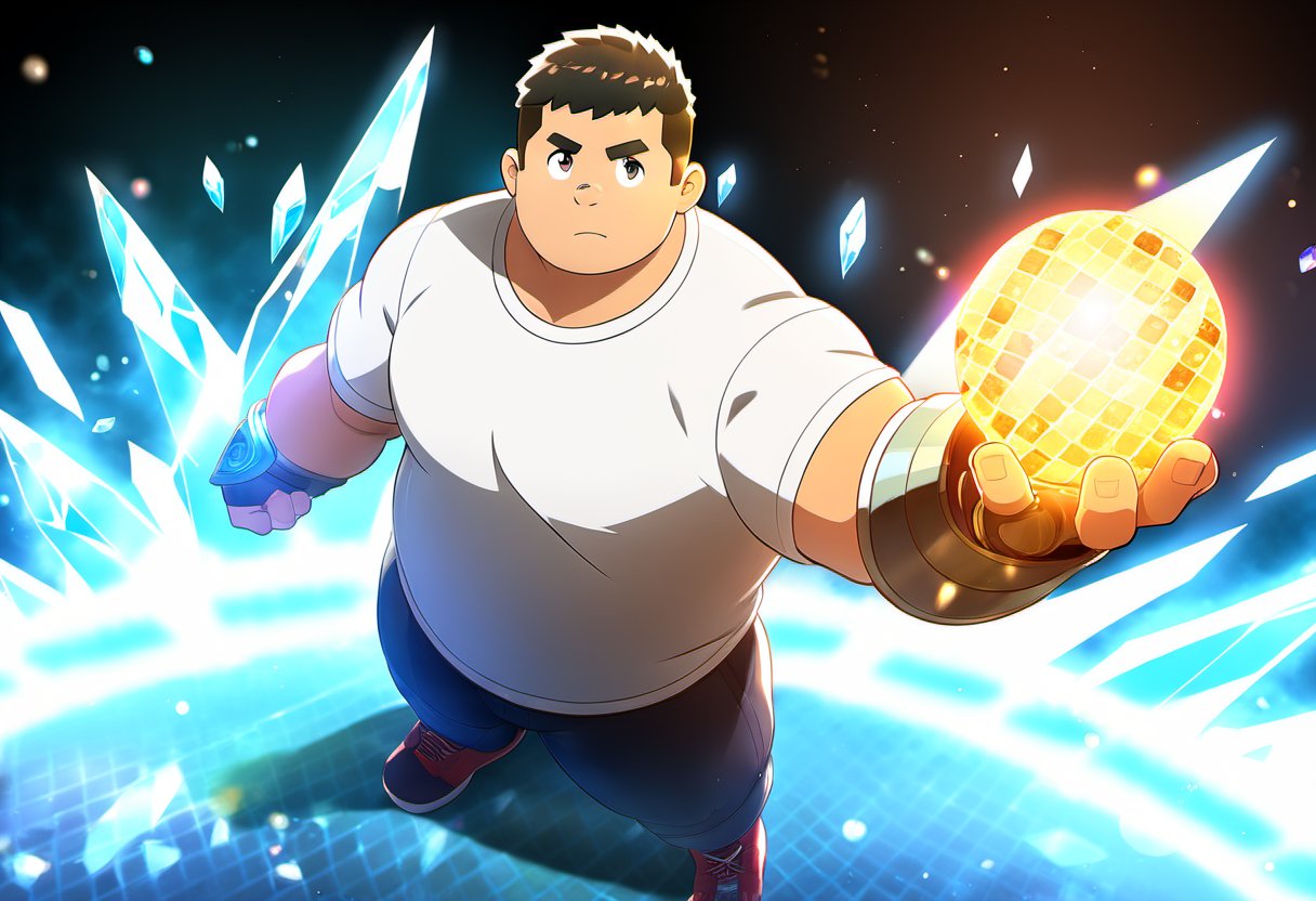((1boy, solo, male focus, normal look, standing)), (bara:1.4), (chubby:1.0), stocky, (round_face), ((t-shirt with patterns, gauntlet)), (energy orb, power. skill cast, crystal shards, lensflare), (cool, awesome, crew_cut, full body shot), ((flat anime, best quality, best aesthetic, high res)),masterpiece