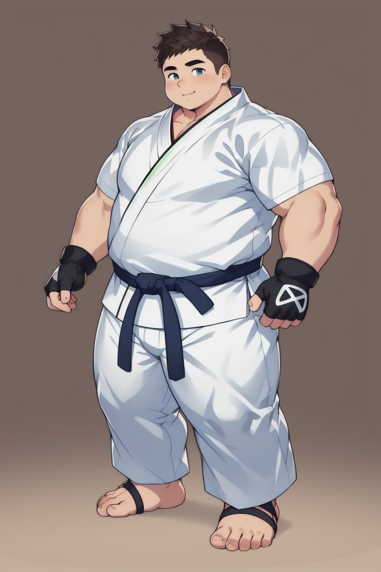 ((1boy_only, feet in foot protectors, solo)), (chubby:1.0, bara stocky:1.3, round_face), ((white judo gi)), ((dougi)), ((long pants)), (buzz_cut:0.75), full body shot, ((cool, cute, awesome)), (fingerless gloves, foot_protectors, foot wrap), (front_view), (chubby_face:0.8),male focus, standing_idle,best quality, masterpiece,ankle brace