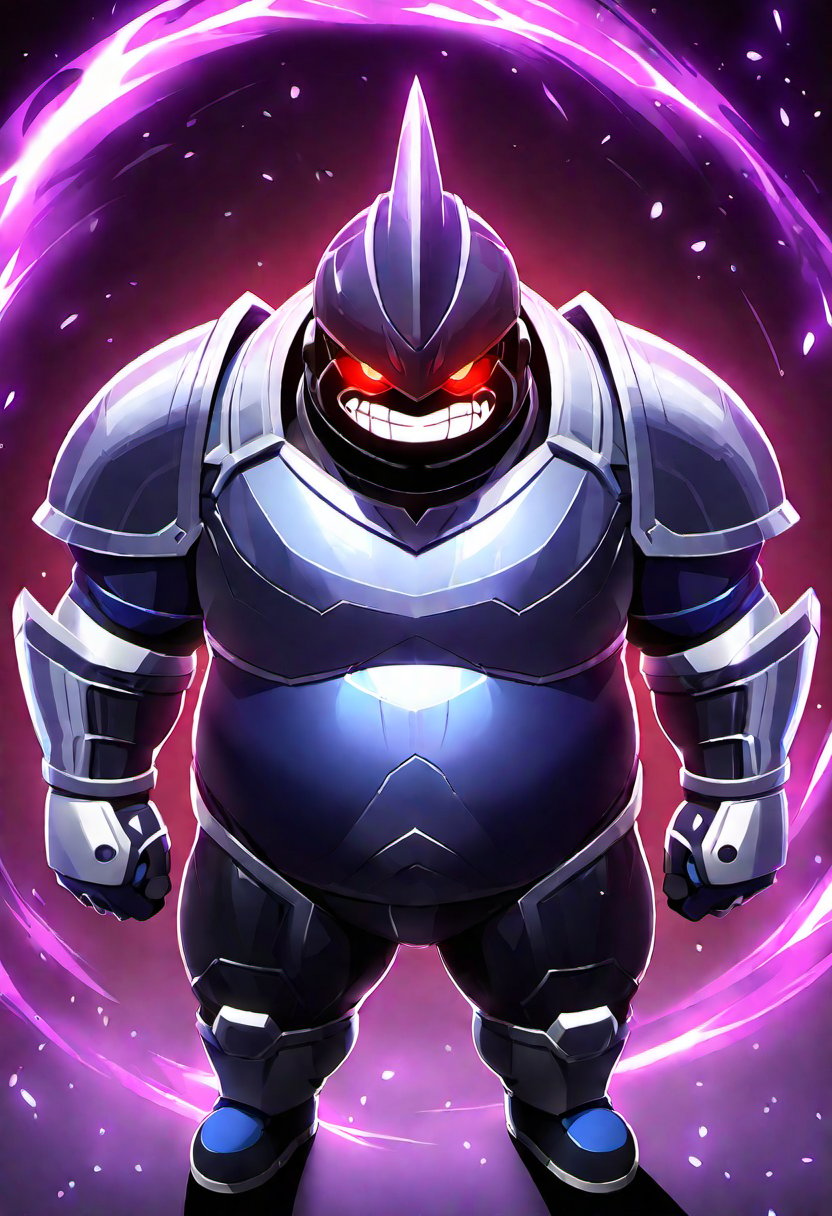 ((1boy, solo, male focus, red glowing eyes, gritting teeth, grin, villain, dark energy arc)), (bara:1.4), (chubby:1.2), (stocky), (round_face), ((shadow tech armor, gauntlet, shadow aura)), (detailed background), (cool, awesome, short hair, full body shot), ((flat anime, best quality, best aesthetic, high res)),masterpiece
