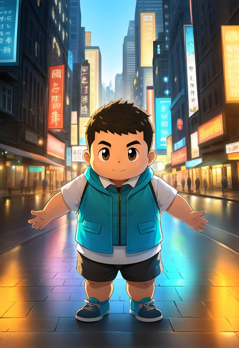 ((1male, adventurer, solo, male focus)), (chubby:0.8), (bara:1.4), ((cyan vest, short pants, city)), short hair, crew cut, ((full body)), (cool, cute, awesome), ((flat anime, best quality, best aesthetic, high res)),man, masterpiece