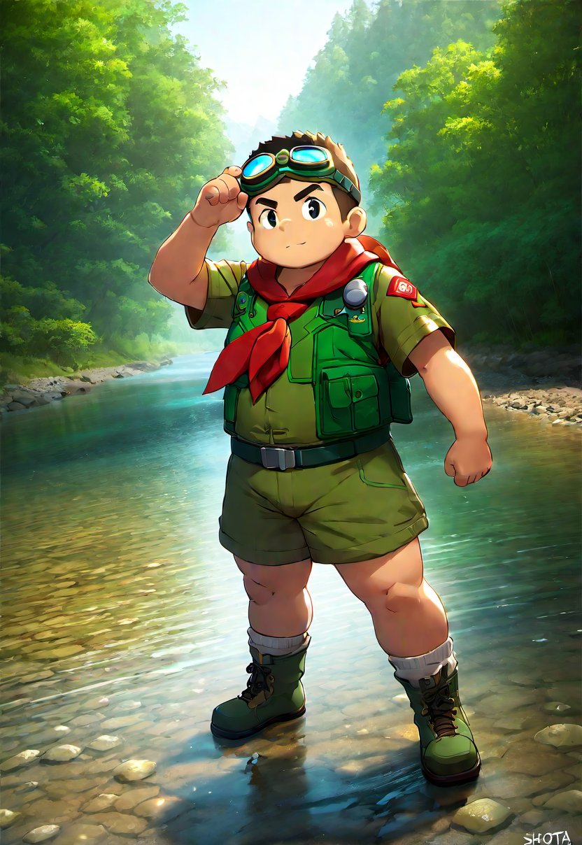 ((1boy, shota, scout, solo, male focus)), (chubby:0.8), (bara:1.4), ((goggles on forehead, green vest, red neckerchief)), river bank, short hair, crew cut, ((full body)), (cool, awesome), ((flat anime, best quality, best aesthetic, high res, masterpiece))