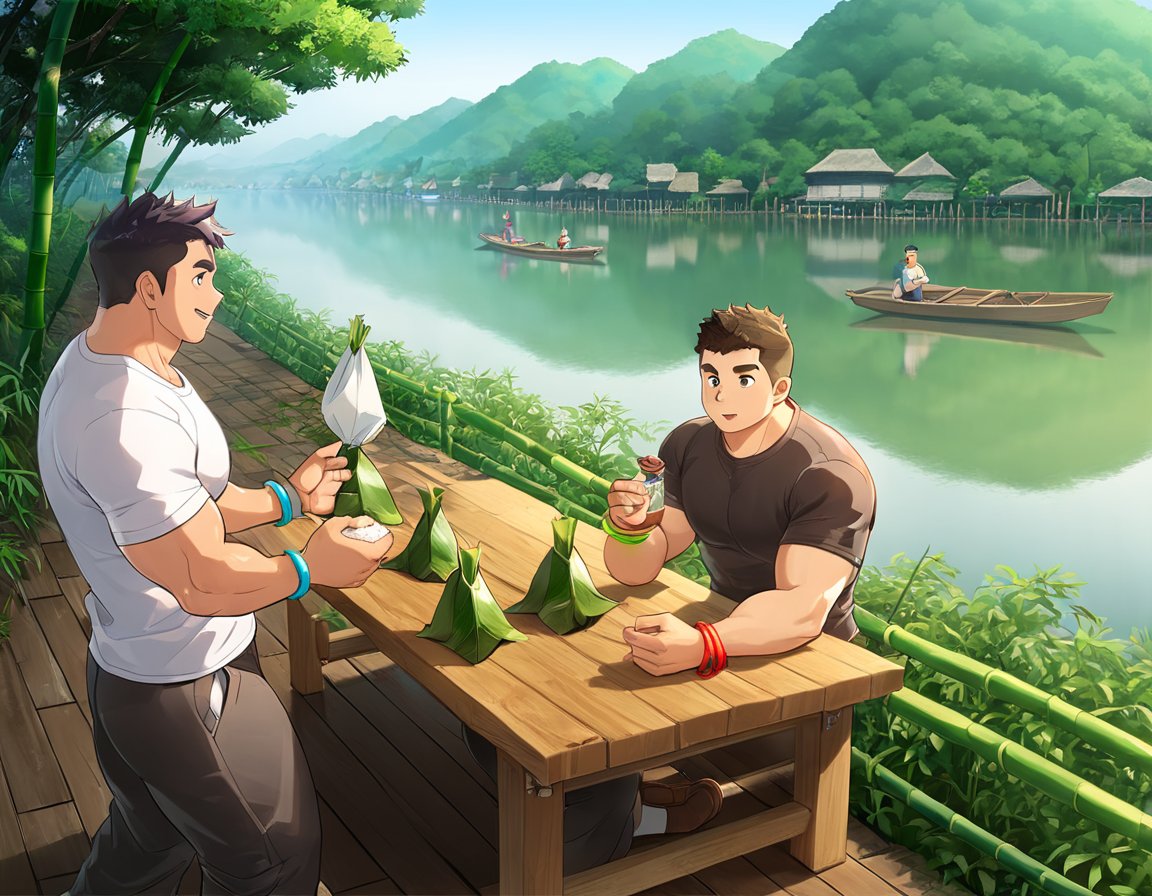 ((2boys, male focus, peeling off zongzi, rice dumplings, wooden dining table, riverside, bamboos, boats in river)), (bara:1.4), (chubby:1.0), (stocky), outdoor, ((t-shirt, long pants, colourful wrist string, sachet)), (cool, awesome, crew cut), ((flat anime, best quality, best aesthetic, high res)),girl,masterpiece
