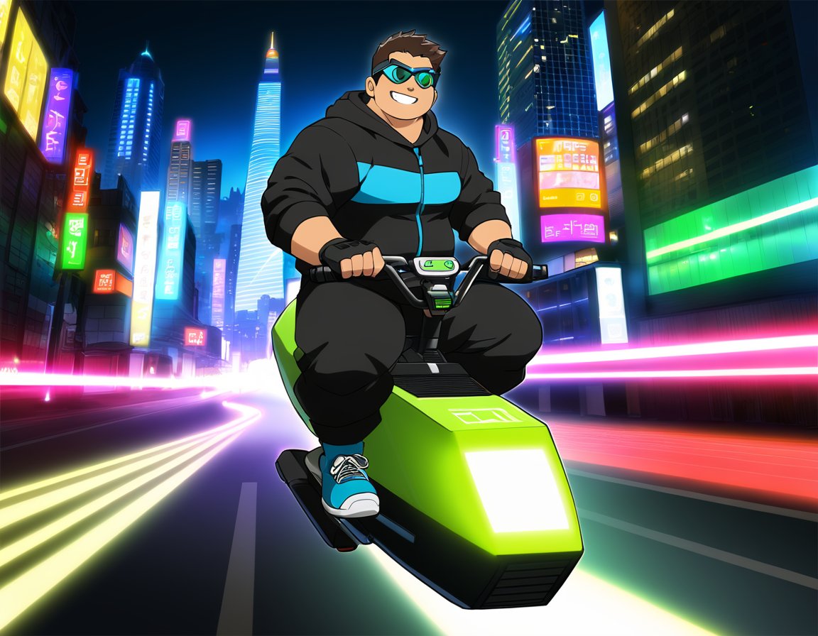 ((1male, solo, male focus, riding hoverbike, grin smile)), (bara:1.4), (chubby:1.0), stocky, outdoor, night, street, futuristic, neon stripes, goggles, fingerless gloves, long pants, (cool, awesome, crew cut), ((flat anime, best quality, best aesthetic, high res)),girl,masterpiece
