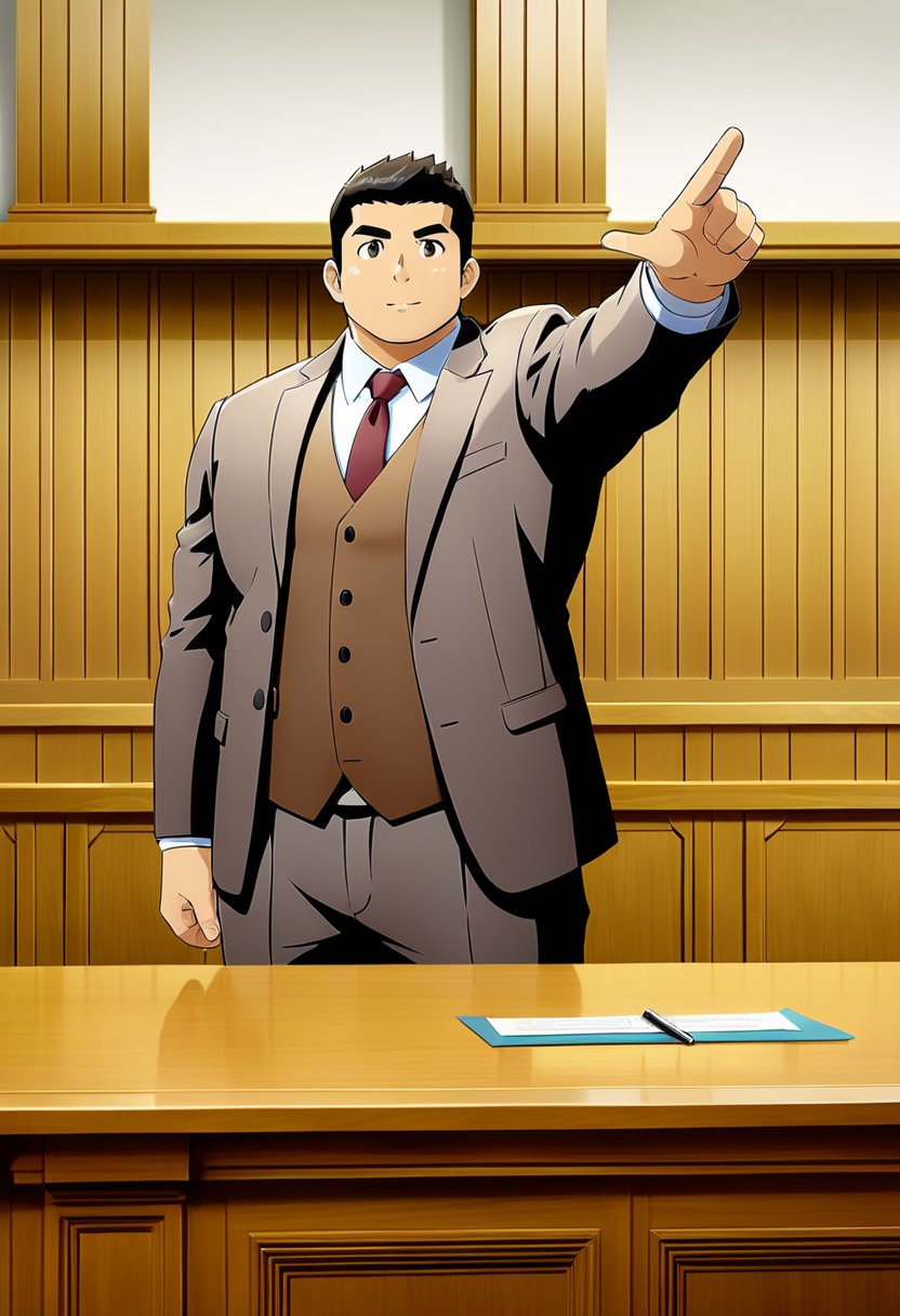 ((1male, solo, male focus, left hand spread out, point)), ((bara)), (chubby:1.0), stocky, lawyer, brown vest, stand behind a long desk, courtroom, (cool, awesome, crew cut), ((flat anime, best quality, best aesthetic, high res))