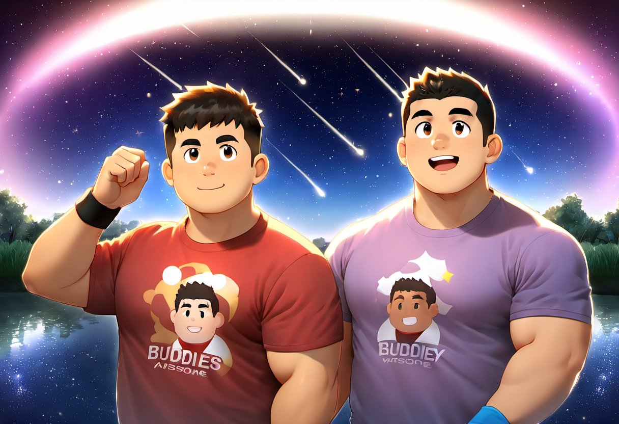 ((2boys, different_face, male focus, buddies)), (bara:1.4), (chubby:1.0), stocky, (round_face), ((t-shirt with patterns, trinket, wristband)), (night, starry sky, riverbank, shooting stars), (cool, awesome, crew_cut), (close up:0.9), ((flat anime, best quality, best aesthetic, high res)),masterpiece