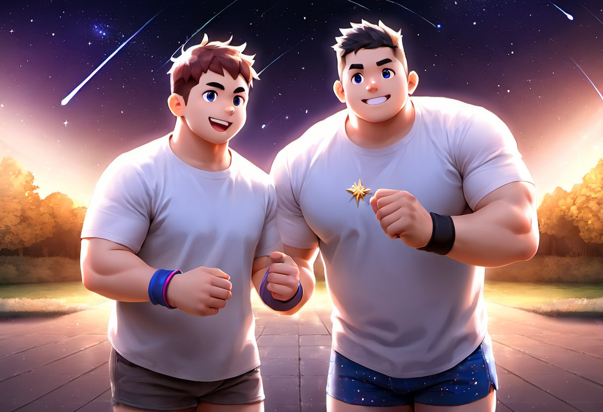 ((2boys, male focus, buddies, laughters)), (bara:1.3), (chubby:1.1), stocky, (round_face), ((t-shirt with patterns, trinket, wristband, short pants)), (night, starry sky, shooting stars), (cool, awesome, crew_cut), (close up), ((flat anime, best quality, best aesthetic, high res)),masterpiece