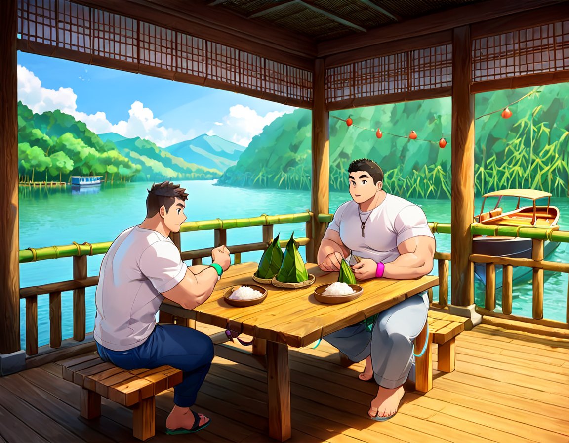 ((2boys, male focus, peeling off zongzi, rice dumplings, wooden dining table, riverside, bamboos, boats in river)), (bara:1.4), (chubby:1.0), (stocky), outdoor, ((t-shirt, long pants, colourful wrist string, sachet)), (cool, awesome, crew cut), ((flat anime, best quality, best aesthetic, high res)),masterpiece