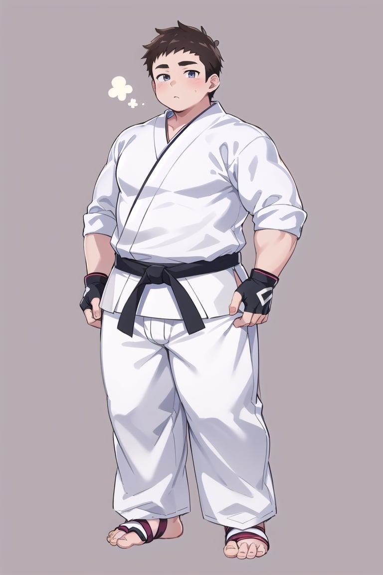 ((1boy_only, (solo), feet in white ankle braces, foot wraps, anime)), (chubby:1.5, stocky:1.2, round_face), ((white judo gi)), ((dougi)), barefoot, ((long pants)), (bara:1.3), (buzz_cut:0.5), full body shot, ((cool, cute, awesome)), (fingerless gloves, ankle braces), (front_view), (chubby_face:0.8),male focus, standing_idle,ankle braces,best quality