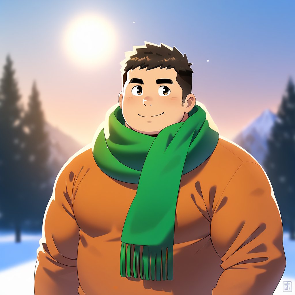 ((1male, solo, male focus, orange sweater, green muffler)), (chubby:1.0), (bara:1.4), (stocky), short hair, crew cut, ((half body)), (cool, cute, awesome), (round face), winter, outdoor, best quality, flat anime, masterpiece, best aesthetic, absurdres
