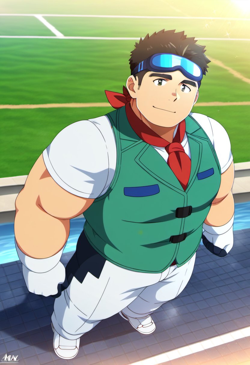 ((1male, solo, male focus)), (chubby:0.8), (bara:1.4), ((goggles on forehead, green vest, red neckerchief)), river bank, short hair, crew cut, ((full body)), (cool, awesome), ((anime, best quality, best aesthetic, high res, masterpiece))