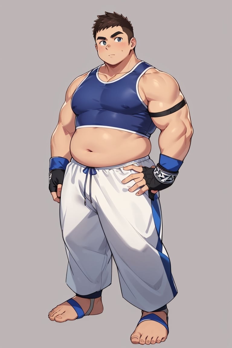 ((1male, fighter, long pants, feet in ankle braces, solo)), (chubby:1.0, bara stocky:1.3, round_face, serious look), (buzz_cut:0.75), full body shot, ((cool, cute, awesome)), (fingerless gloves, (blue ankle brace, sportsgear, foot wrap)), (front_view), (chubby_face:0.8),male focus, standing_idle,best quality, masterpiece,ankle brace, intricate details,Anime