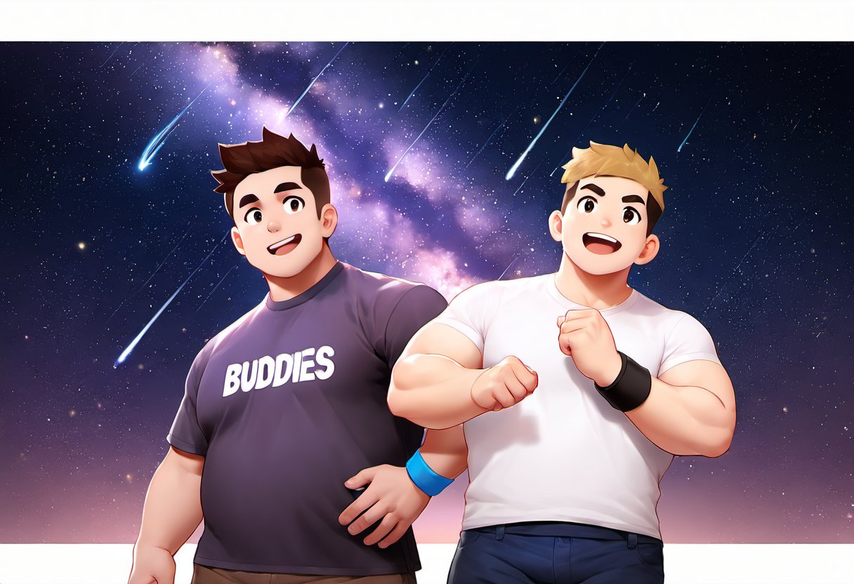 ((2boys, male focus, buddies, laughters)), (bara:1.3), (chubby:1.1), stocky, (round_face), ((t-shirt with patterns, trinket, wristband, short pants)), (night, starry sky, shooting stars), (cool, awesome, crew_cut), (close up), ((flat anime, best quality, best aesthetic, high res)),masterpiece