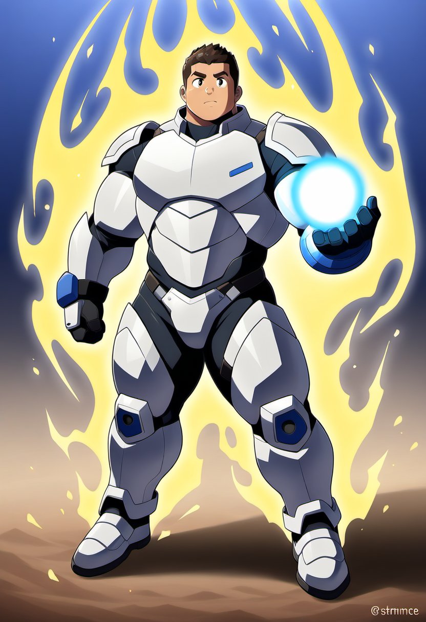 ((1boy, solo, male focus, normal look, energy ball, from distance)), (bara:1.4), (chubby:1.0), stocky, (round_face), ((tech armor, gauntlet)), (energy power, aura), (cool, awesome, very short hair, full body shot), ((flat anime, best quality, best aesthetic, high res)),masterpiece
