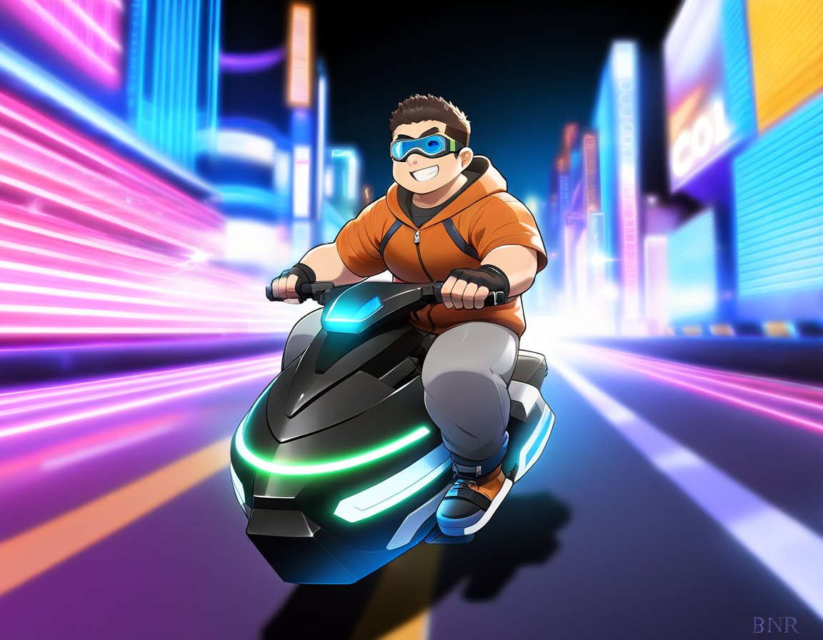 ((1male, solo, male focus, riding hoverbike, grin smile)), (bara:1.4), (chubby:1.0), stocky, outdoor, night, along street, detailed background, motion blur, futuristic, neon stripes, chromatic, ((goggles, fingerless gloves, long pants)), (cool, awesome, crew cut), ((flat anime, best quality, best aesthetic, high res)),girl,masterpiece
