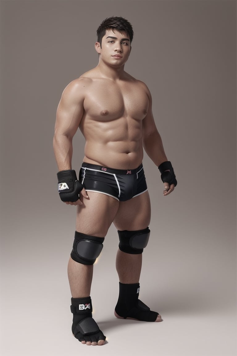 ((1boy_only, boxer, (solo), black foot protectors, foot wraps)), (chubby:1.5, stocky:1.2, round_face, black ankle braces, topless), ((boxer_shorts)), barefoot, (bara:1.7), buzz_cut, full body shot, ((cool, cute, awesome)), (fingerless gloves), (front_view), (chubby_face:0.8),Male focus, standing_idle,ankle brace,foot protector,best quality,toeless footwear,photorealistic,realistic