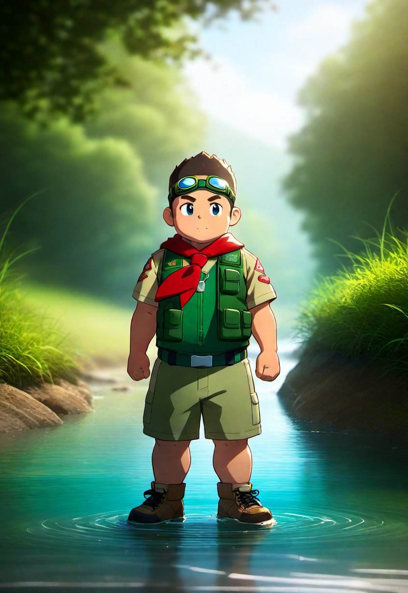 ((1boy, scout, solo, male focus)), (chubby:0.8), (bara:1.4), ((goggles on forehead, green vest, red neckerchief)), river bank, short hair, crew cut, ((full body)), (cool, awesome), ((flat anime, best quality, best aesthetic, high res, masterpiece))
