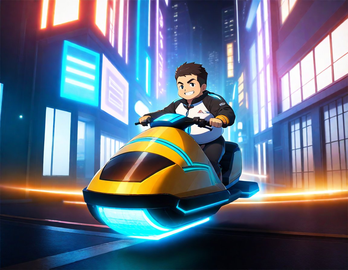 ((1male, solo, male focus, riding hoverbike, grin smile)), (bara:1.4), (chubby:1.0), stocky, outdoor, night, street, futuristic, neon stripes, goggles, (cool, awesome, crew cut), ((flat anime, best quality, best aesthetic, high res)),girl,masterpiece