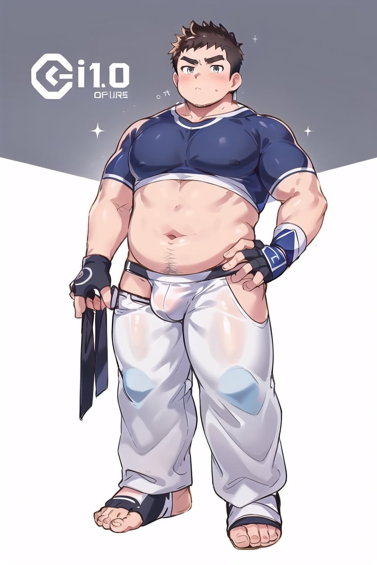 ((1boy_only, boxer, long pants, feet in foot protectors, solo)), (chubby:1.0, bara stocky:1.3, round_face, serious look), (buzz_cut:0.75), full body shot, ((cool, cute, awesome)), (fingerless gloves, (white foot protectors, foot wrap)), (front_view), (chubby_face:0.8),male focus, standing_idle,best quality, masterpiece,ankle brace,foot protector, intricate details