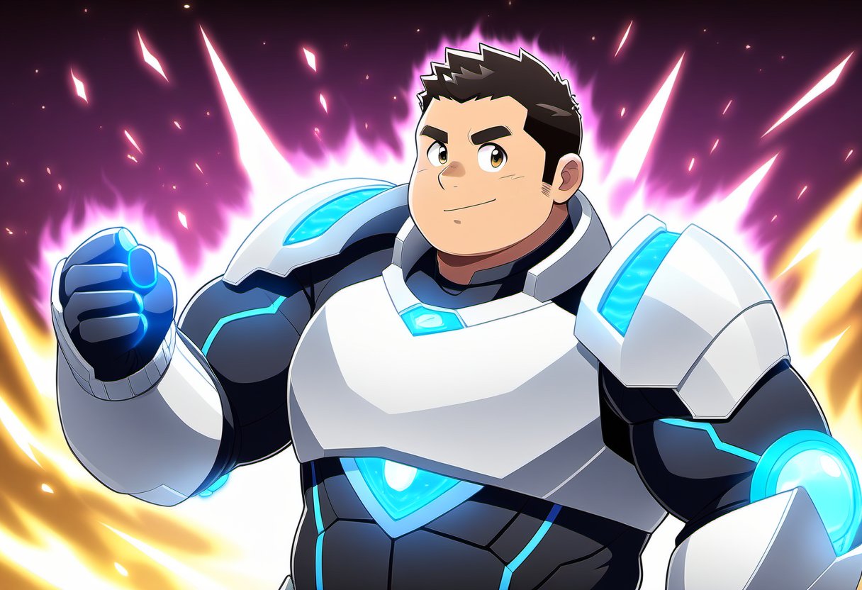 ((1boy, solo, male focus, normal look, energy wave, from distance)), (bara:1.4), (chubby:1.0), stocky, (round_face), ((tech armor, gauntlet)), (energy power, aura), (cool, awesome, very short hair), ((flat anime, best quality, best aesthetic, high res)),masterpiece