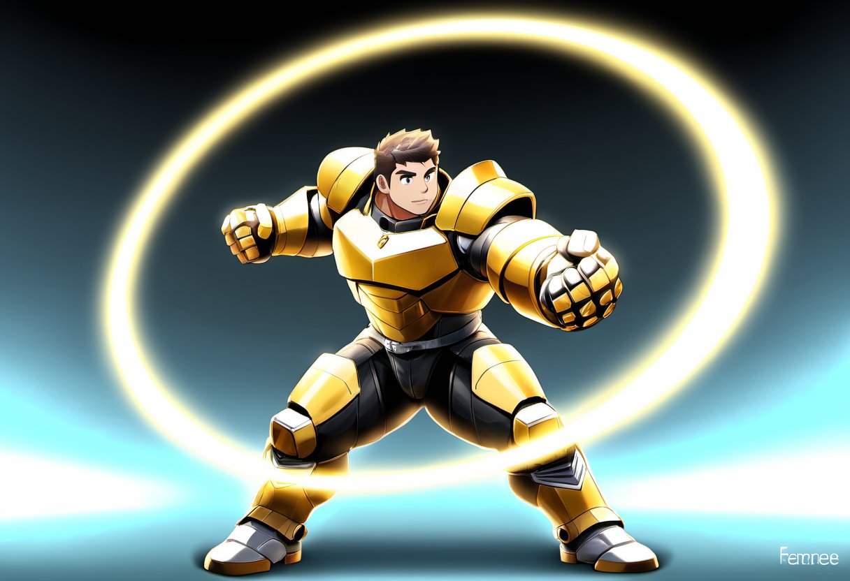 ((1boy, solo, male focus, normal look, standing)), (bara:1.4), (chubby:1.0), stocky, (round_face), ((tech armors, gauntlet)), (hadouken, power. skill cast, aura, lensflare), (cool, awesome, very short hair, full body shot), ((flat anime, best quality, best aesthetic, high res)),masterpiece