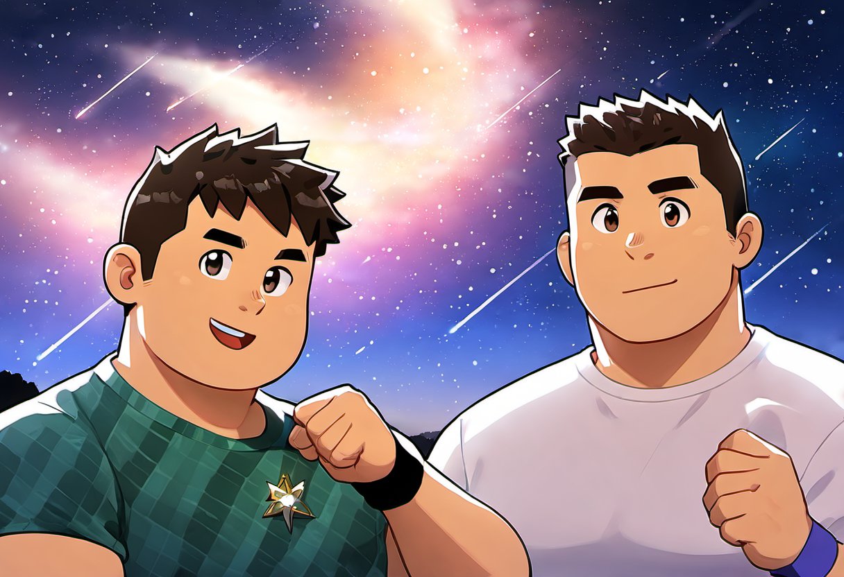((2boys with distinct faces, male focus, buddies)), (bara:1.4), (chubby:1.0), stocky, (round_face), ((t-shirt with patterns, trinket, wristband)), (night, starry sky, riverbank, shooting stars), (cool, awesome, crew_cut), (close up:0.9), ((flat anime, best quality, best aesthetic, high res)),masterpiece