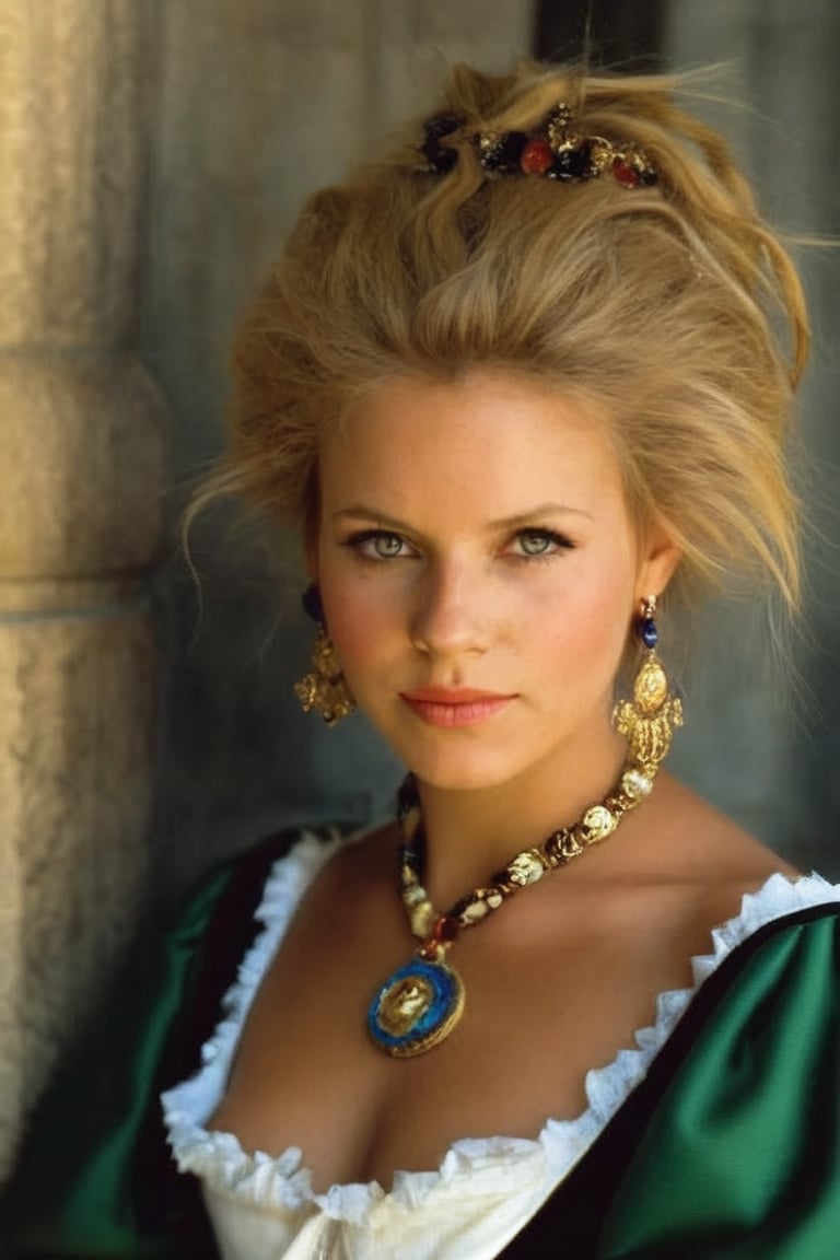 a beautiful blonde woman ready to attend the court of Spanish King Charles, year 1635, Madrid. photographer Steve McCurry, on Kodachrome 64 color slide film, with a Nikon FM2 camera and Nikkor 105mm Ai-S F2.5 lens, 