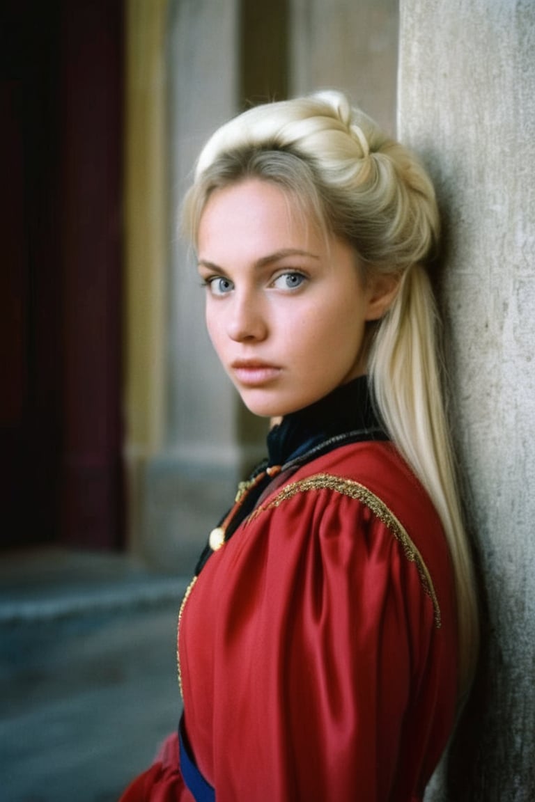 a beautiful blonde woman, 23yo, ready to attend the court of Spanish King Charles, year 1635, Madrid. Historical reenactment photograph. photographer Steve McCurry, on Kodachrome 64 color slide film, with a Nikon FM2 camera and Nikkor 105mm Ai-S F2.5 lens, 