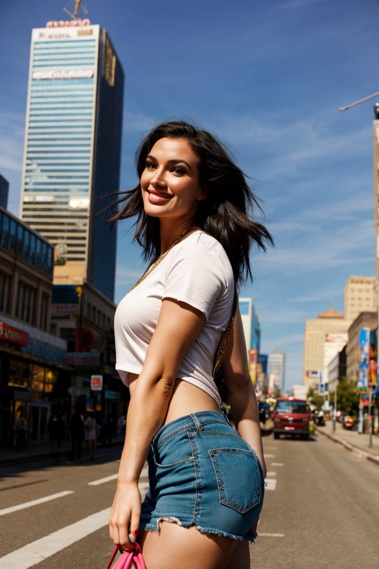 City streetscape with vibrant urban backdrop: towering skyscrapers, bustling sidewalks, and neon billboards. Framed by a warm overhead sunlight casting long shadows. Beautiful woman, mid-twenties, with sun-kissed hair and bright smile, wearing a bike-inspired top and micro jean shorts, showcasing toned legs. She struts confidently down the street, arms swinging, as passersby gaze admiringly. Profile view, looking at viewer, 