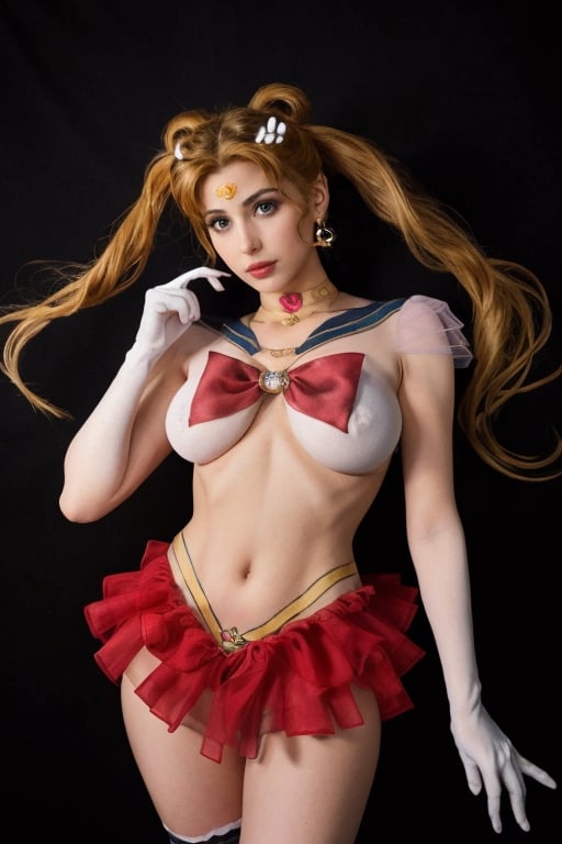 uniformsbodypaint,  sailormoon uniform, large_boobs, beautiful,
aausagi, double bun, twintails, parted bangs, hair ornament, circlet, jewelry, earrings, choker, see-through, red bow, white gloves, elbow gloves, multicolored skirt, 
Spread legs,