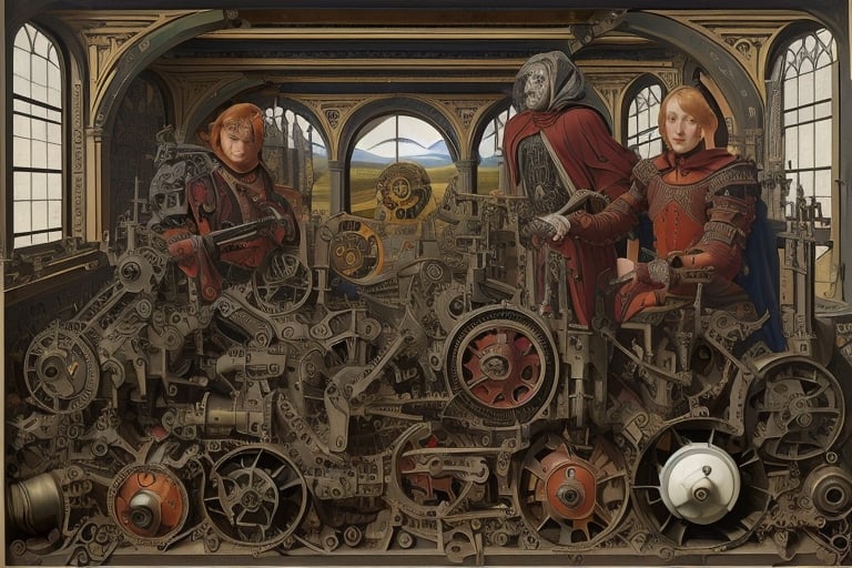Gothic colourful Northern Renaissance  oil painting of  mechanical machine junk character face, one-point perspective, Fra Filippo Lippi, otto dix, jan van eyck,  rogier van der weyden, hans holbein, edward hopper, art deco, 