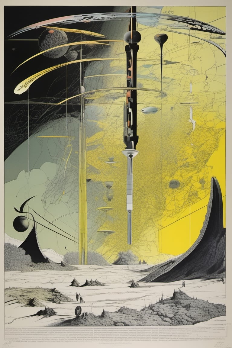 minimalist dream frequency permutations of left-handed thorn-bush,  Quantum chromodynamics chirality, nightmare cartography, frequency bar scale textures, abstract surreal sci-fi,  silkscreened mind-bending illustration; dramatic sci-fi poster art, muted secondary colors, asymmetric, by Graham Sutherland 