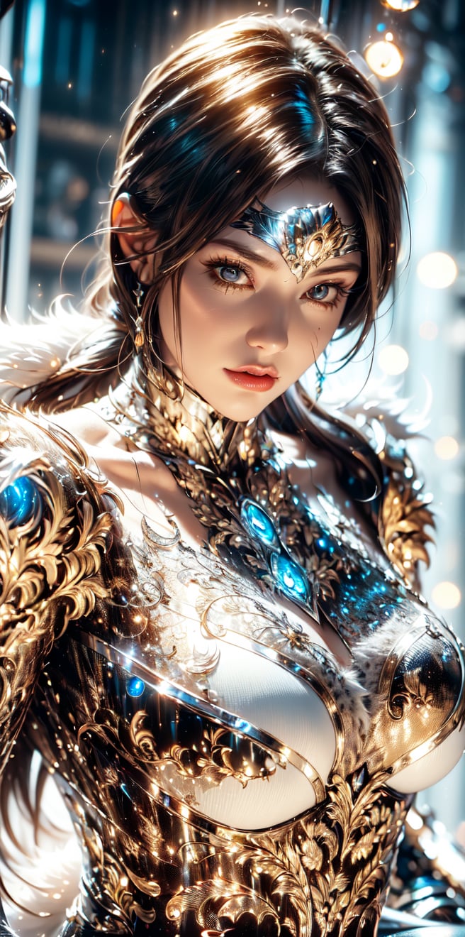 (iron woman,wonderwoman,goddess),Black and white entanglement,crystal and silver entanglement.High Detail,masterpiece,best quality,more detail,Hyper Quality,detailed,more detail,Texture-rich,Delicate texture,(white tones:1.3),(complex fur structure:1.5),busty