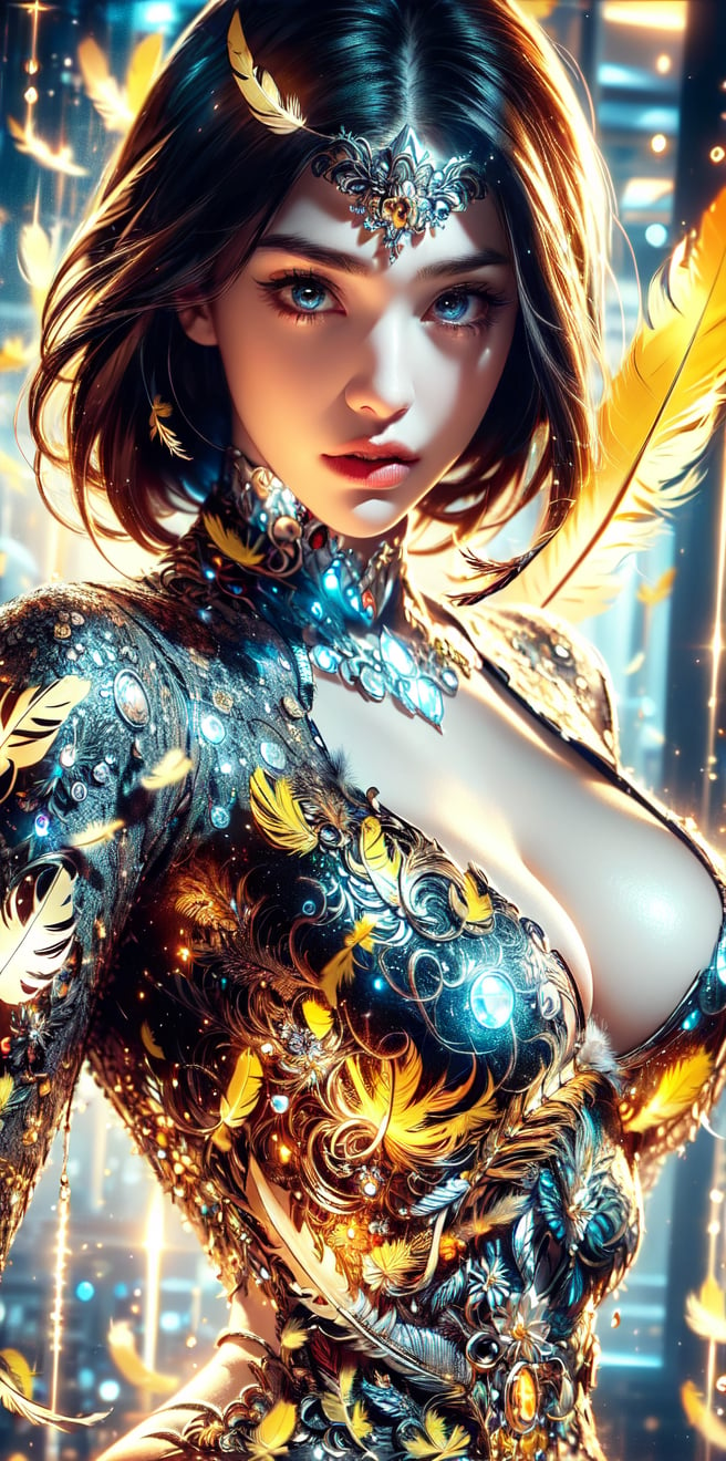 (wonderwoman,goddess),Black and white entanglement,crystal and silver entanglement.High Detail,masterpiece,best quality,more detail,Hyper Quality,detailed,more detail,Texture-rich,Delicate texture,(yellow tones:1.3),(complex feather structure:1.5),busty