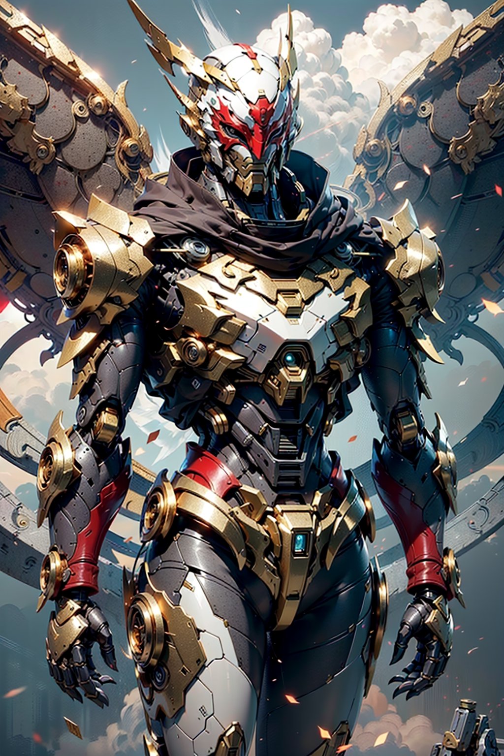 (sky background), gundam, solo, robot eyes, robot face, robot, glowing, mecha, (gold mecha mask:1.5), (no-hair:1.5), science_fiction, cinematic lighting, strong contrast, high level of detail, best quality, masterpiece, mechainjectionKA, warframe style, ambient light, volumetric lighting, reflective lighting, sharp focus, (two giant wings:1.25), (phoenix style form:1.2), (red color:1.5), (phoenix pattern armor), battle pose, oblique angle view, bifang