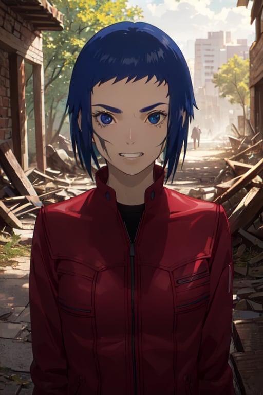 1girl, (masterpiece:1.3), (high resolution), (8K), (extremely detailed), (4k), (pixiv), perfect face, nice eyes and face, (best quality), (super detailed), detailed face and eyes, (solo), (textured skin:1.3), standing, looking at viewer, outdoors, nature, ruins, grin,blue hair,red jacket,blue eyes,bust_portrait