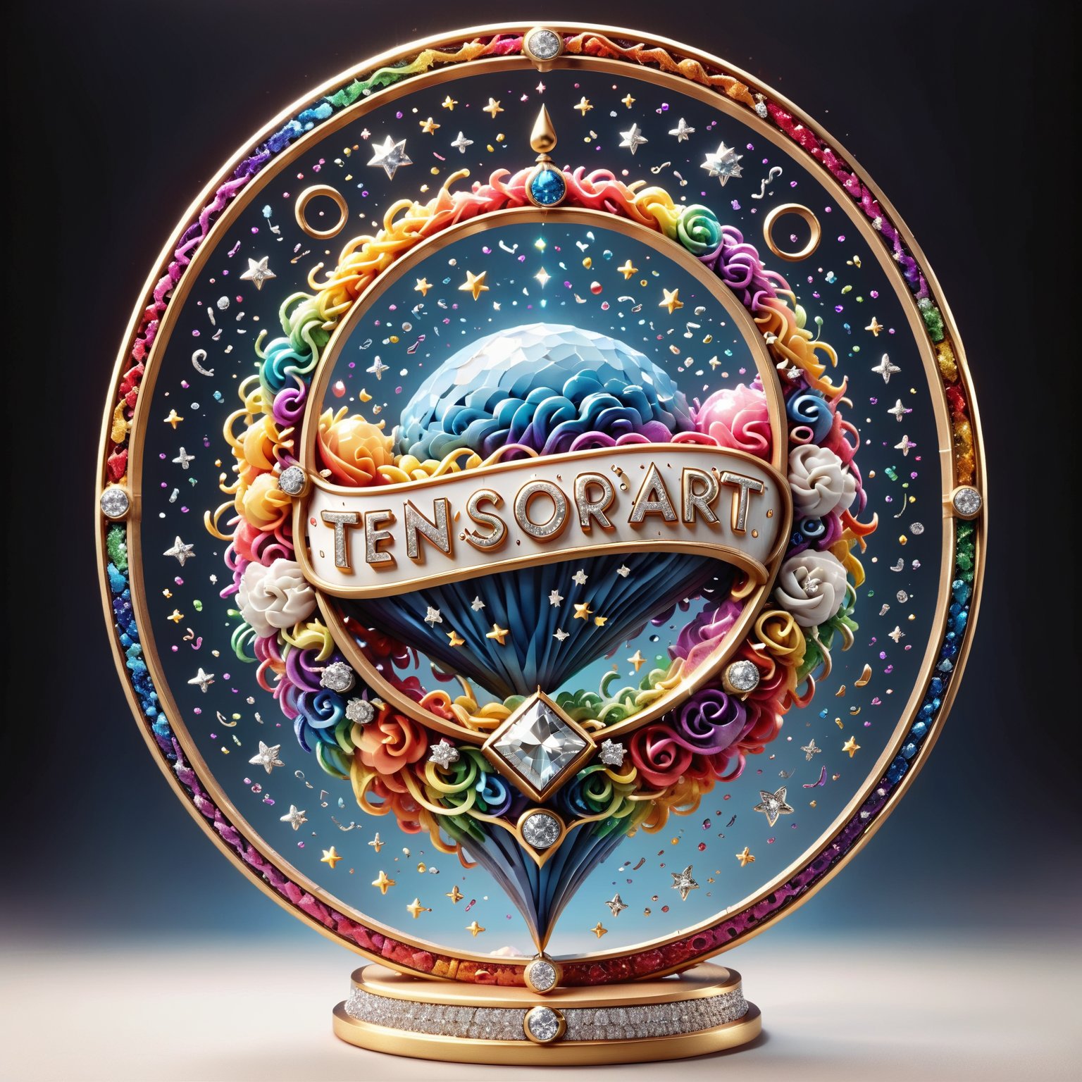 a ultra-detailed intricate round award, diamond and platinum outlines (((text in cursive with only the letters "TENSOR ART"))) rainbow, clouds, diamonds, gems, music notes,ice-cream,translucent