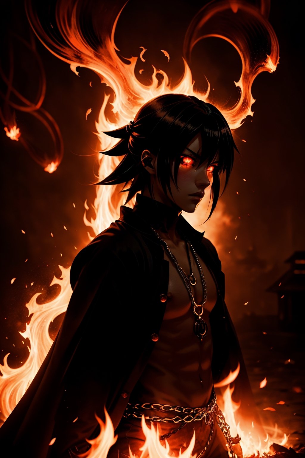 (Anime-style:1.3), (Dark and intense:1.2), A striking anime character, shrouded in shadows and poised for battle, stands against a deep crimson background adorned with menacing chains. Glowing red hollow fire particles dance around the scene, creating an otherworldly ambiance. The unique pastel look adds an ethereal touch to this dramatic and visually intense composition.