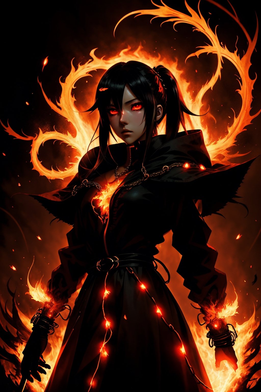 (Anime-style:1.3), (Dark and intense:1.2), A striking anime character, Indonesia, shrouded in shadows and poised for battle, stands against a deep crimson background adorned with menacing chains. Glowing red hollow fire particles dance around the scene, creating an otherworldly ambiance. The unique pastel look adds an ethereal touch to this dramatic and visually intense composition.