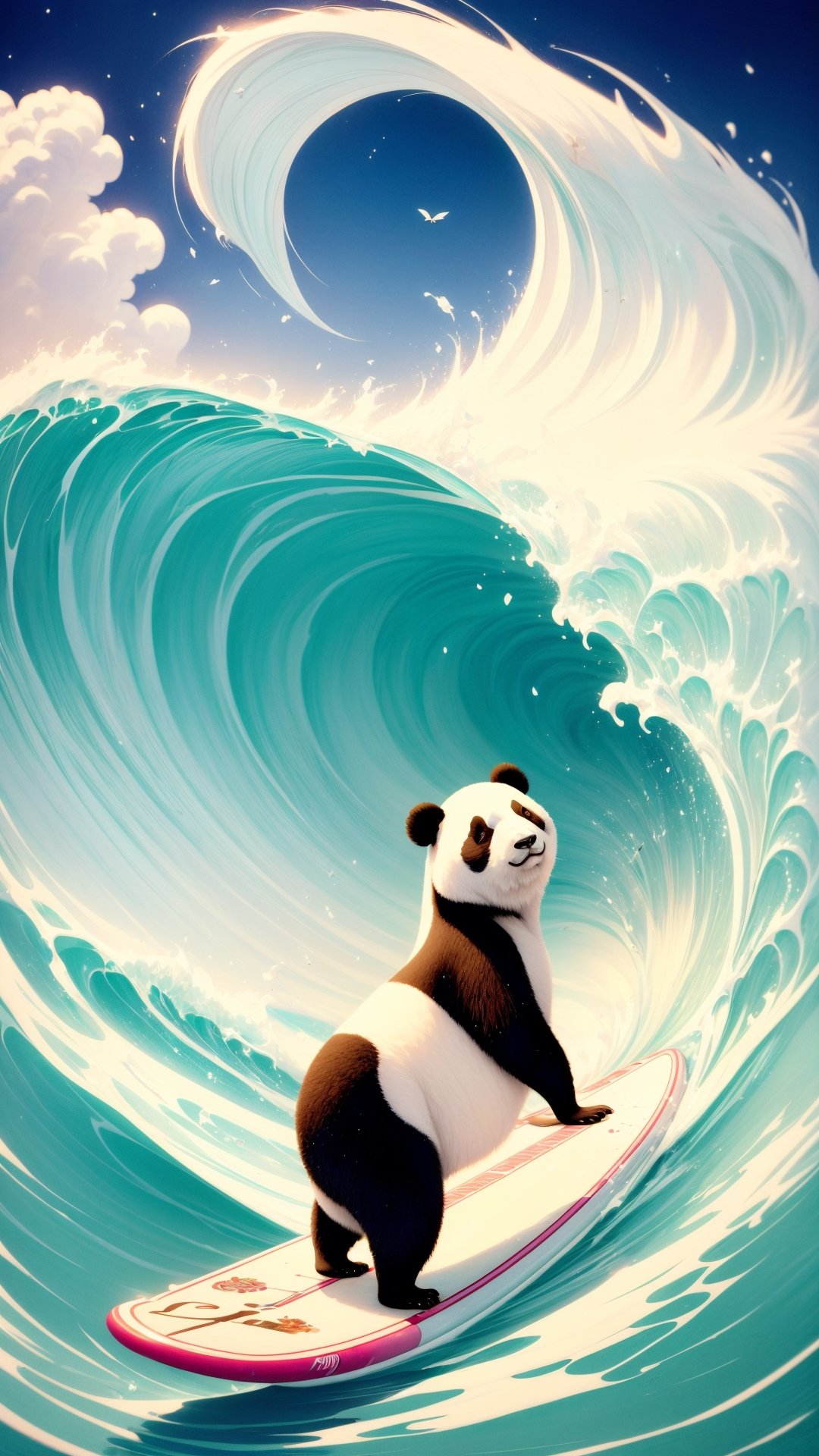 Pastel color palette, in dreamy soft pastel hues, pastelcore, pop surrealism poster illustration || A Majestic and trained panda surfing on a surfboard on The Great Wave off Kanagawa While holding a vinyl record in its hand || bright hazy pastel colors, whimsical, impossible dream, pastelpunk aesthetic fantasycore art