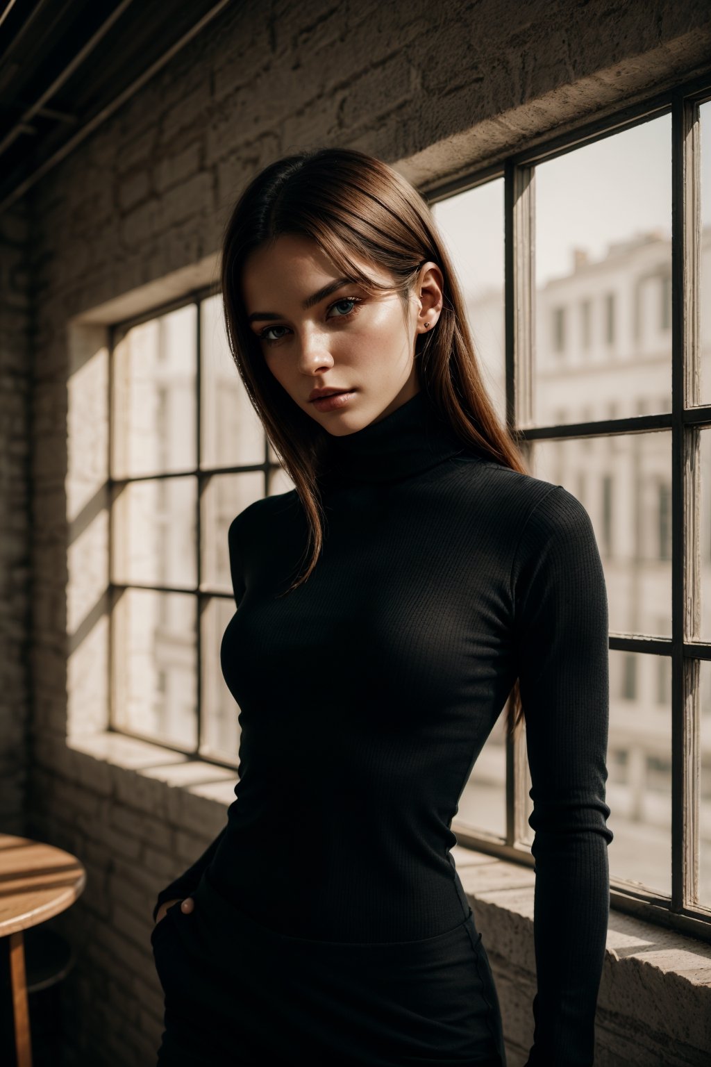 A stunning intricate full color portrait of (sks woman:1), wearing a black turtleneck, epic character composition, by ilya kuvshinov, alessio albi, nina masic, sharp focus, natural lighting, subsurface scattering, f2, 35mm, film grain