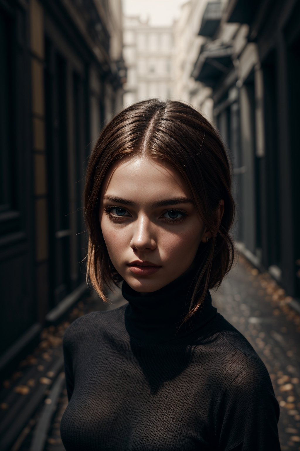 A stunning intricate full color portrait of (sks woman:1), wearing a black turtleneck, epic character composition, by ilya kuvshinov, alessio albi, nina masic, sharp focus, natural lighting, subsurface scattering, f2, 35mm, film grain