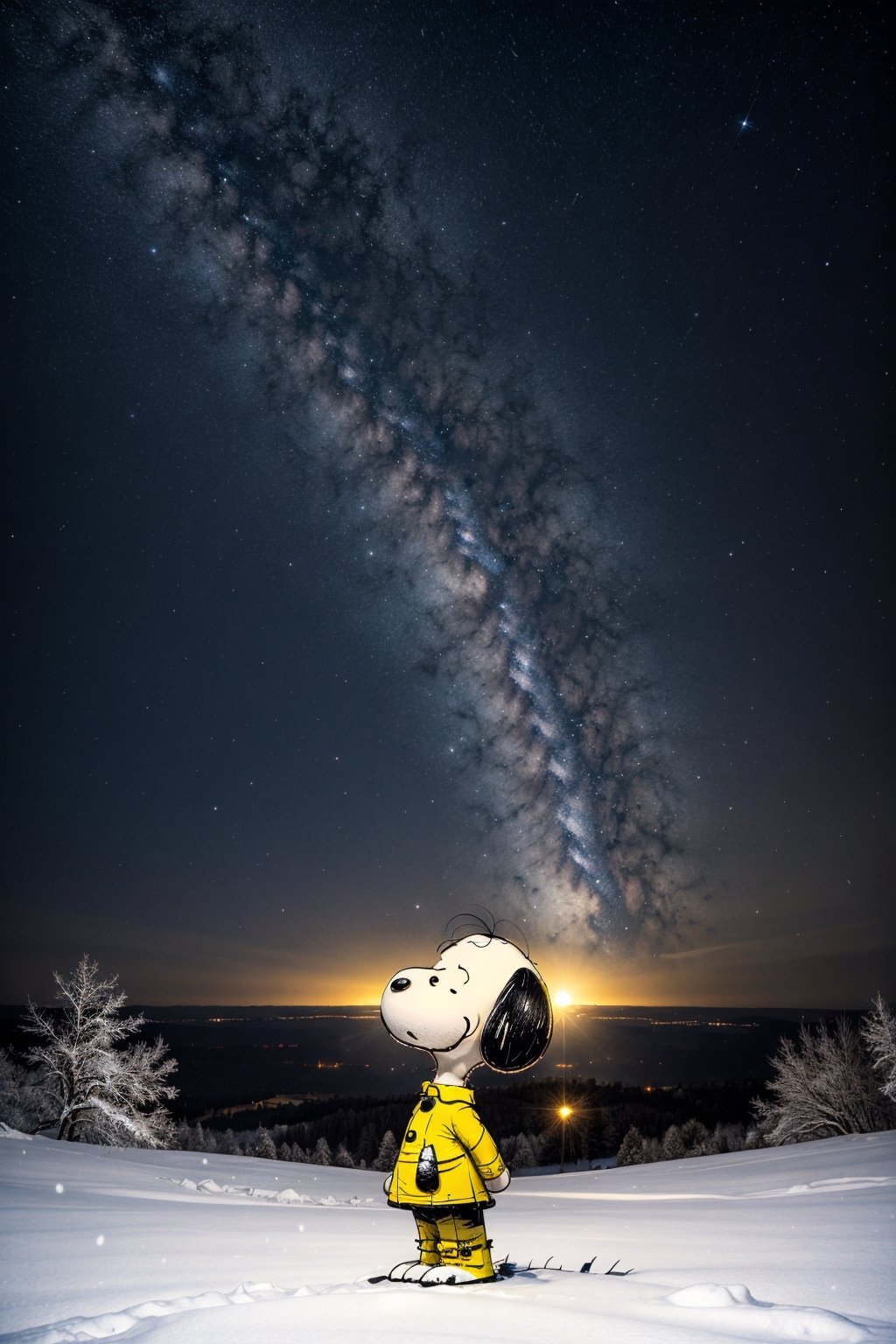 Snoopy, Masterpiece, Top Quality, Super Detailed Wallpaper, Turner features high quality, detailed cosmic colors of Vincent van Goghs Starry Night with Salvador Dalis surreal celestial precision , reflecting a touch of atmosphere and blurring the line with reality. Fantasy and snow falling in the sky, Small eyes, black ears, petite build,chibi emote style