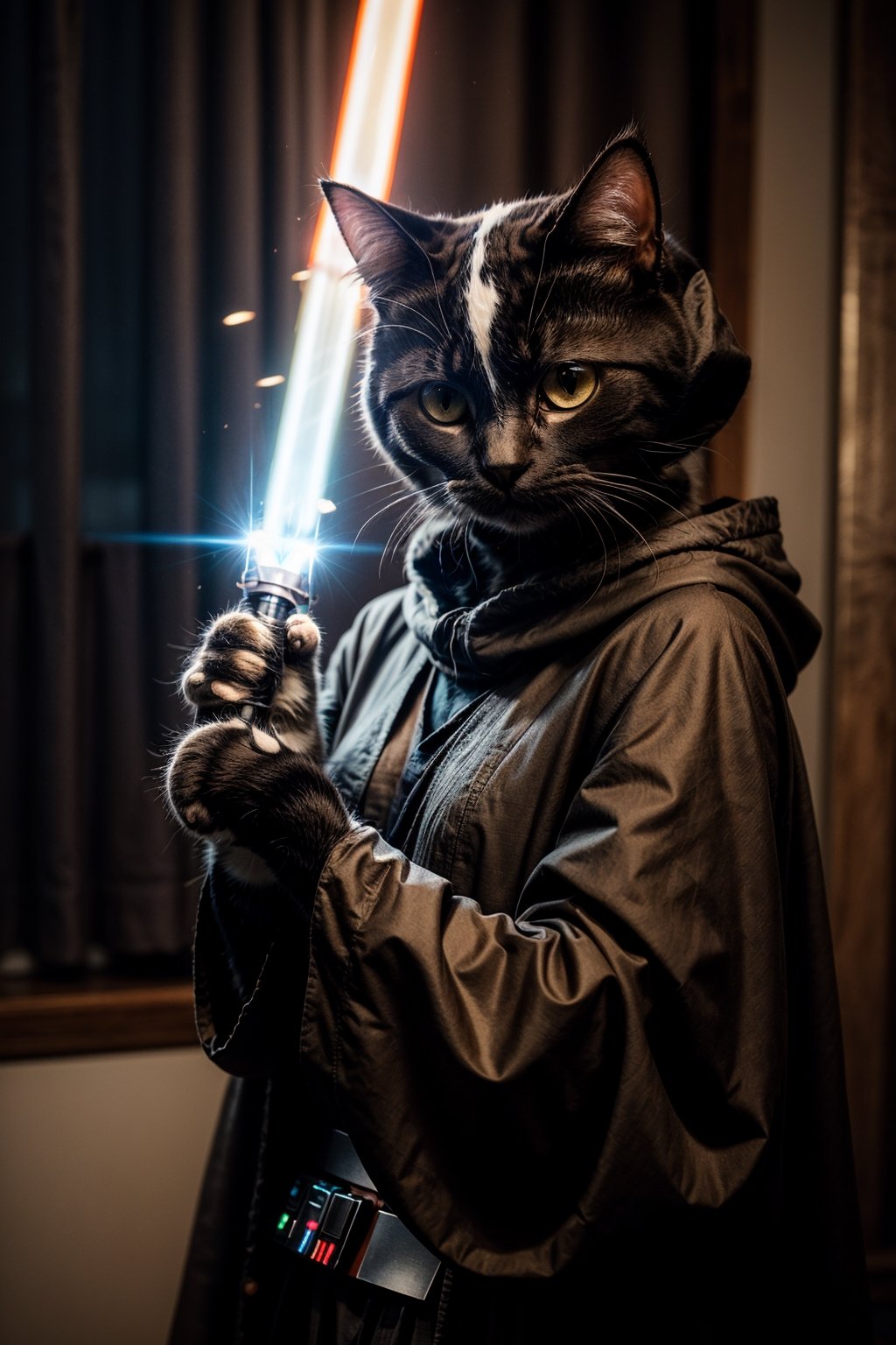 (cat:1.3), a master jedi cat, star wars, holding lightsaber, wearing a jedi cloak hood, photorealistic,cat