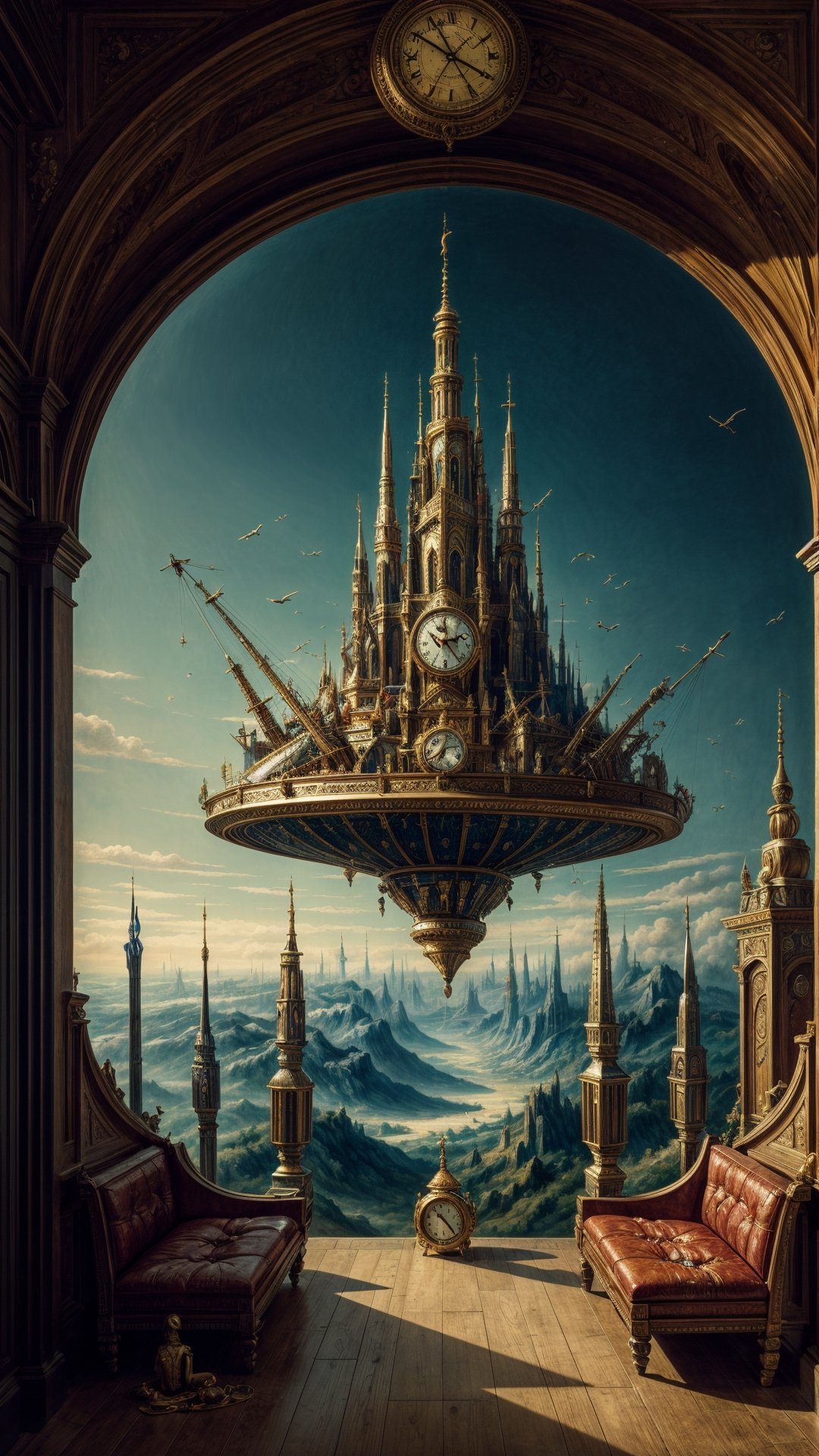 high quality, highly detailed, fantasy, At the forefront of this enchanting scene stands This surrealistic painting features melting clocks draped over various objects computer, spaceship, Salvador Dalis face, in a dreamlike landscape. Its distorted reality and unsettling beauty in the style of Leonardo Davinchi