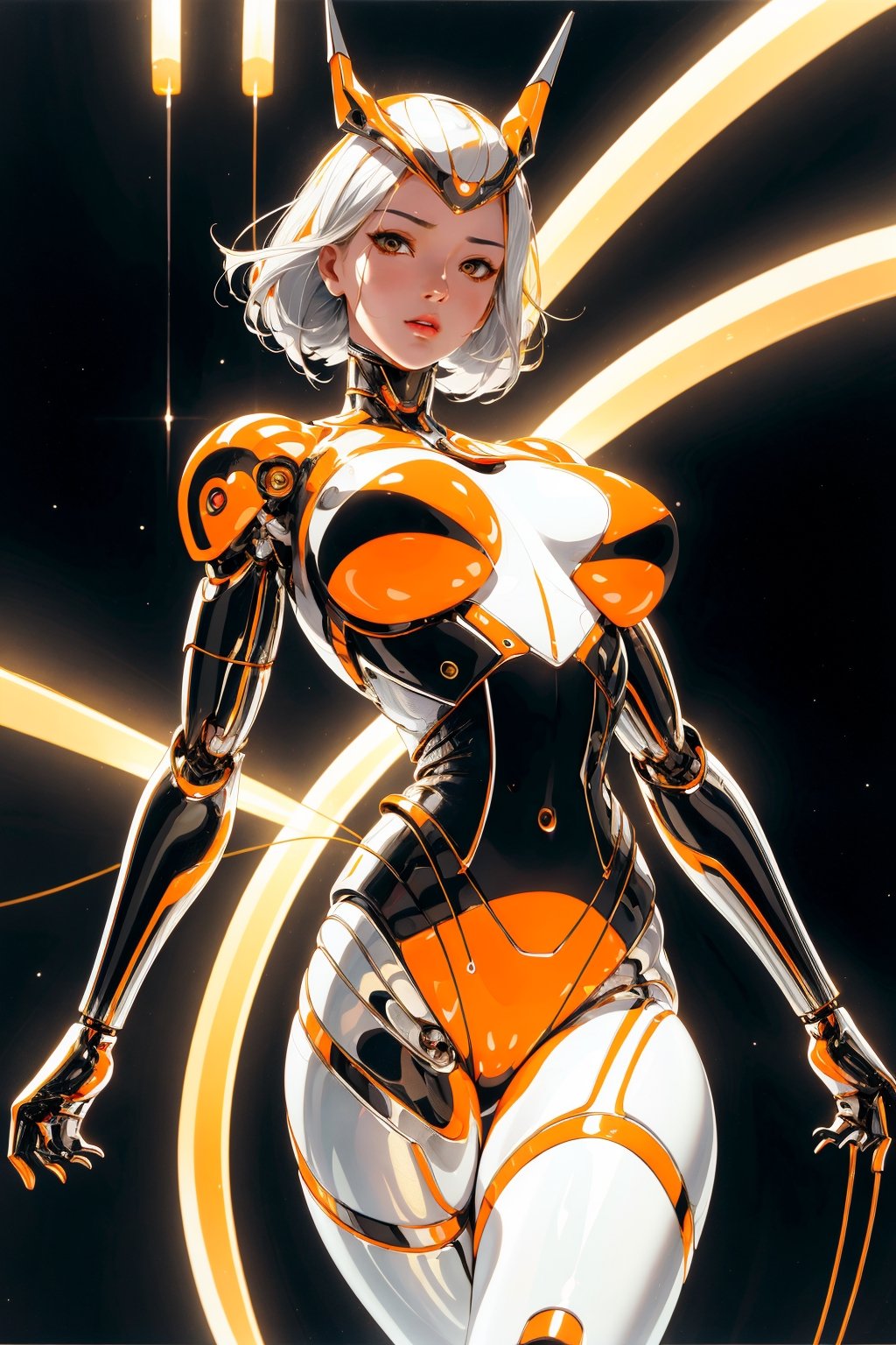 1girl,solo,cybirg style, cyborg, wire, cable, android, mechanical body part, hd, looking_at_viewer, orange