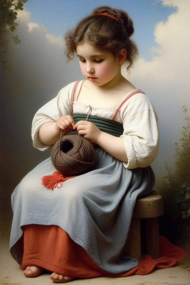 (((iconic oíl painting but extremely beautiful)))
(((Voluptuous and yet  so adorable,photographed)))
(((The Little Knitter,1882 by William Adolphe Bouguereau. Paris.)))
(((view profile, view angle,view close-up zoom)))
(((Chiaroscuro light background)))
(((Vivid simple colors)))
(((intricate details,masterpiece,best quality,hyperrealistic, photorealistic)))